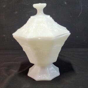 Vintage Anchor Hocking White Milk Glass Candy Jar w/ Lid Harvest Grape Pattern